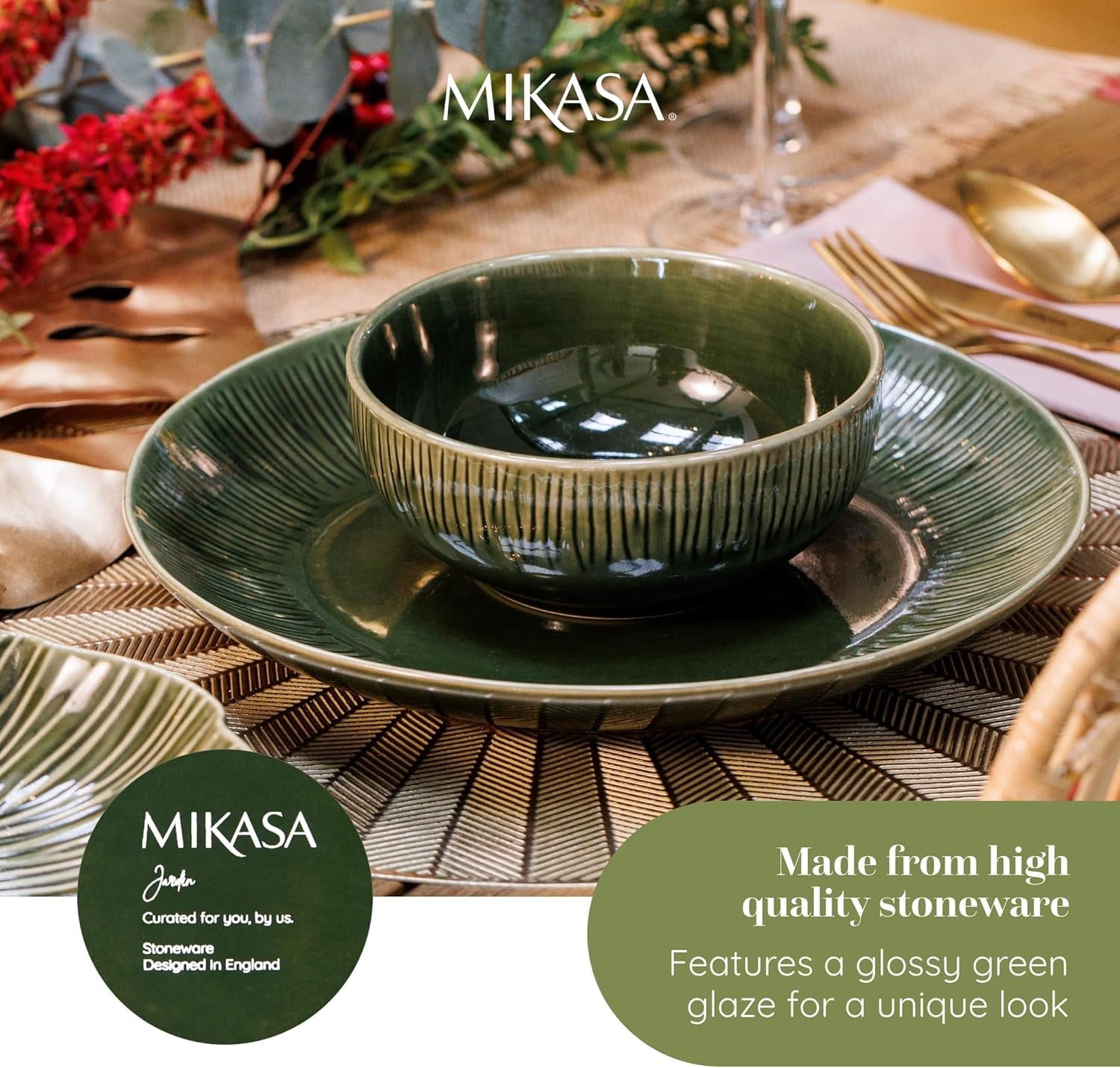 Set de veselă Mikasa Jardin cu 12 piese, set de veselă din gresie pentru 4 persoane cu farfurii, farfurii laterale și boluri, verde - cutie cadou și lavabilă în mașina de spălat vase