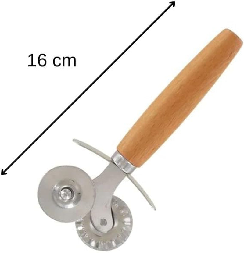 Fackelmann 40917 Rolă de aluat, Roată de ravioli din oțel inoxidabil pentru ravioli, Vârf dublu, Oțel inoxidabil, Lemn, 16 cm