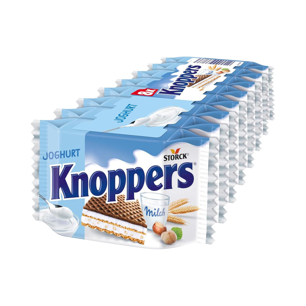 Knoppers Alb și Negru – 8 x 25 g – Felii de napolitană umplute cu napolitane cu cacao neagră, bucăți de biscuiți negri, lapte și cremă de nuga