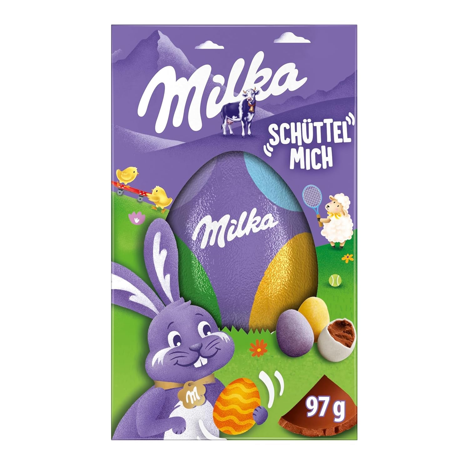 Milka Shake Me Egg – ou de ciocolată umplut cu mini-ouă colorate din ciocolată cu lapte alpină – 97g