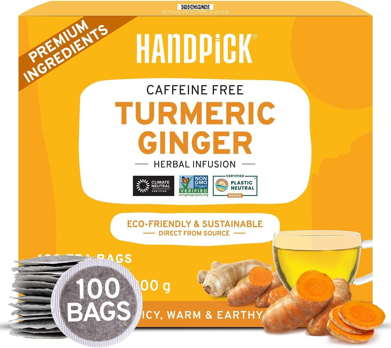 HANDPICK, pliculețe de ceai verde (100 pliculețe) Fără gluten și ceai verde pur | Pliculețe rotunde de ceai verde, fără adeziv, fără înălbitor, fără sfori | Ceai fierbinte/Kombucha sau infuzat la rece | Ceai verde