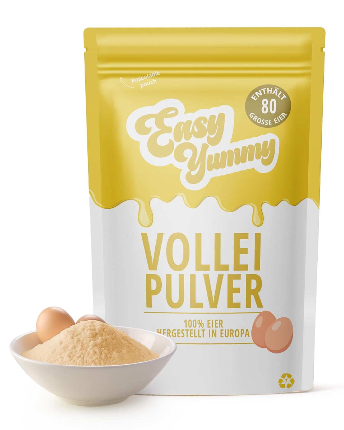 EASY YUMMY - Vollei-Eipulver (1000g = 80 Eier) aus Regionalen Niederländischen Freiland-Eiern | mit 1-Ei-Messlöffel | Wiederverschließbarer Beutel, lange Haltbarkeit | Rührei, Kochen, Backen | 100% Ei