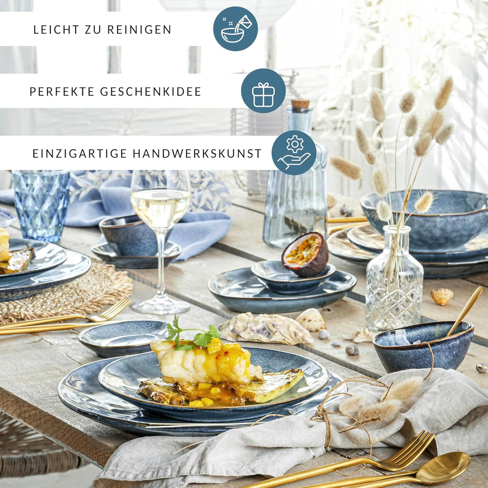 SÄNGER | Set de veselă Darwin cu 12 piese, set de veselă din gresie pentru 4 persoane, set de farfurii albastre care include farfurii de cină, farfurii de desert și farfurii de supă, set de veselă lucrat manual | COLECȚIA PREMIUM