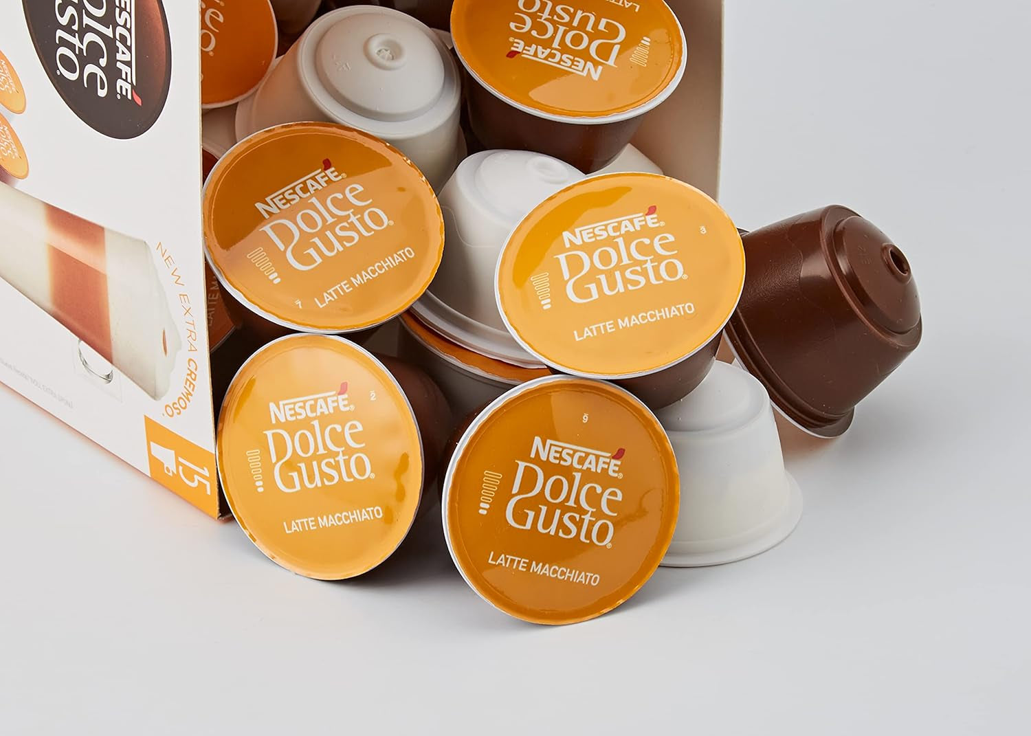 NESCAFÉ Dolce Gusto Latte Macchiato Vorratsbox 90 Kaffeekapseln & Flat White, 48 Kaffeekapseln, Arabica und Robusta Bohnen
