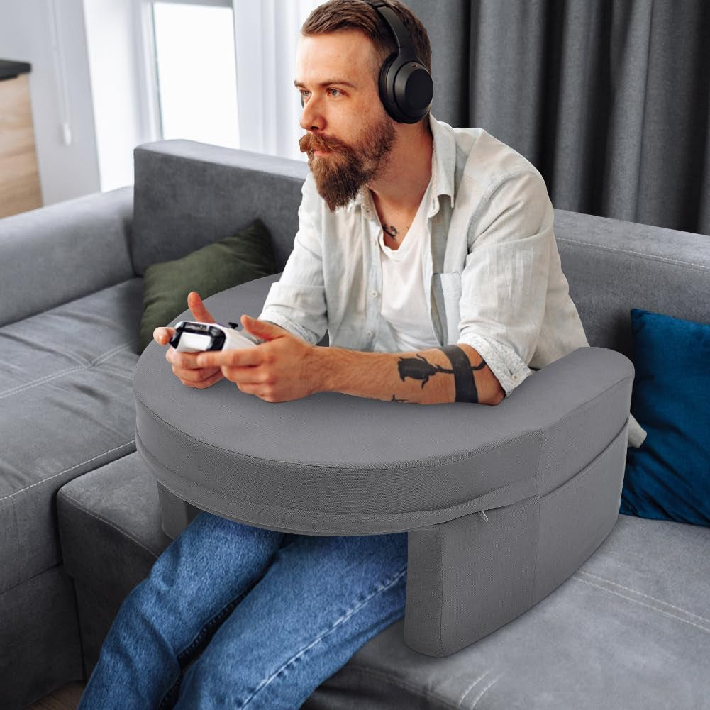 Pernă de citit pentru pat și canapea, pernă de poală pentru gaming, pernă de poală pentru laptopuri, pernă de gaming cu brațe și buzunar lateral, pentru adulți care se joacă, citesc, se uită la televizor, se joacă pe canapea