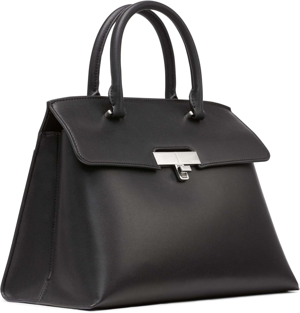 Calvin Klein Ladies Turn Lock Satchel - 2 în 1, piele vegană, 3 buzunare Becky Turnlock Geantă de umăr, negru/argintiu Genti Femei Naty Shop