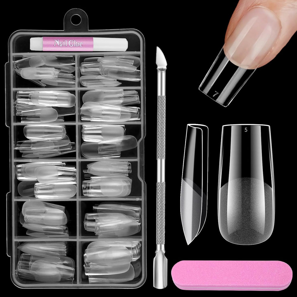 Unghii scurte cu acoperire completă, 120 de bucăți, 12 dimensiuni, vârfuri de unghii scurte pentru unghii cu gel, unghii artificiale pentru lipire, set de unghii cu pile de lipit, lustruitor de unghii, împingător de cuticule