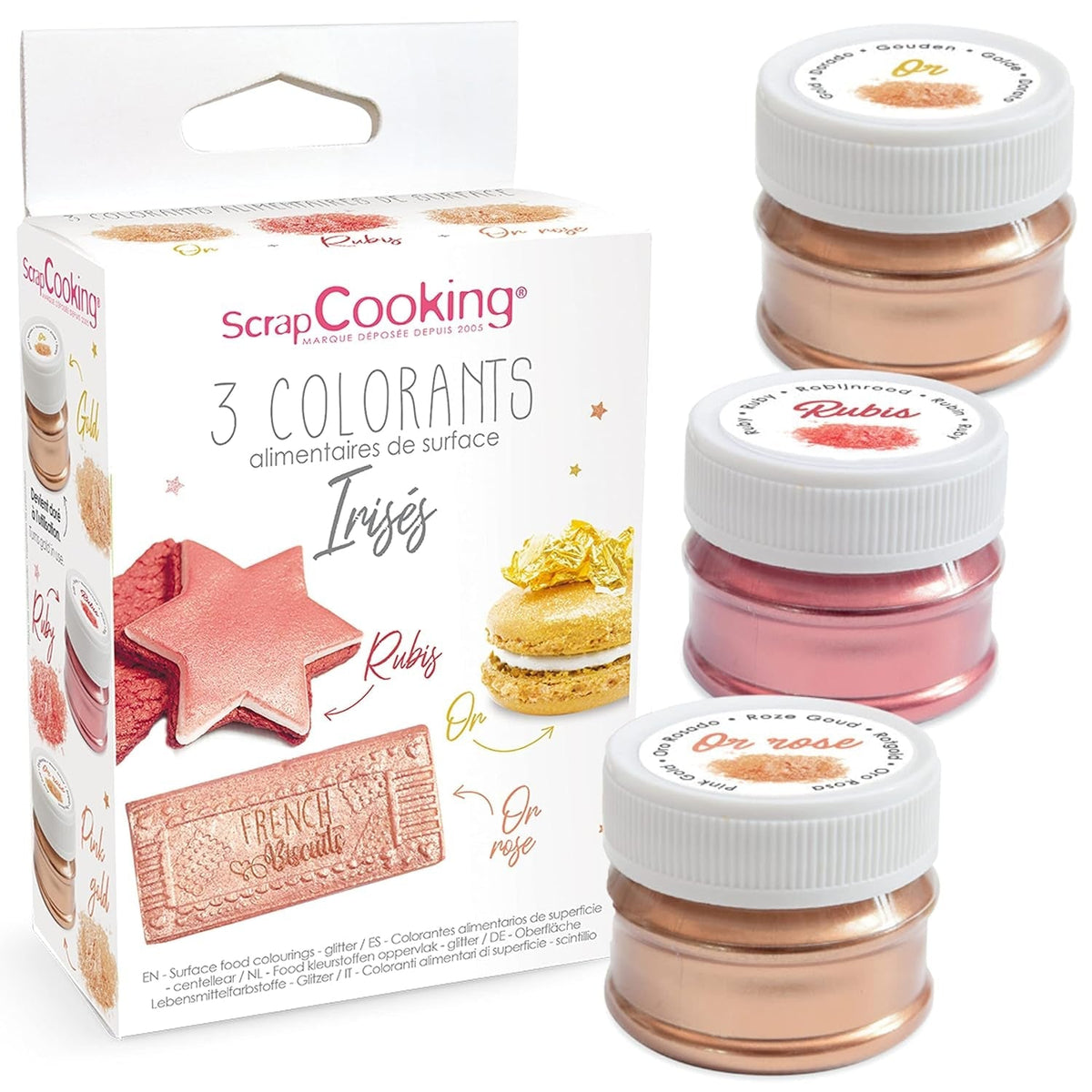 Scrapcooking - Set de 3 coloranți alimentari metalici - Colorant alimentar: auriu, auriu roz și rubin - Colorant alimentar comestibil pentru copt, prăjituri, fursecuri, torturi, ciocolată - 4019