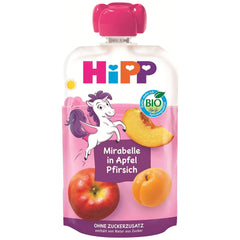 HiPP Bio Quetschie Mirabelle in Apfel-Pfirsich - Ellis Einhorn (8 x 100g), ab 1 Jahr, 100% Fruchtpüree, ohne Zuckerzusatz, vegan, in bester Bio-Qualität