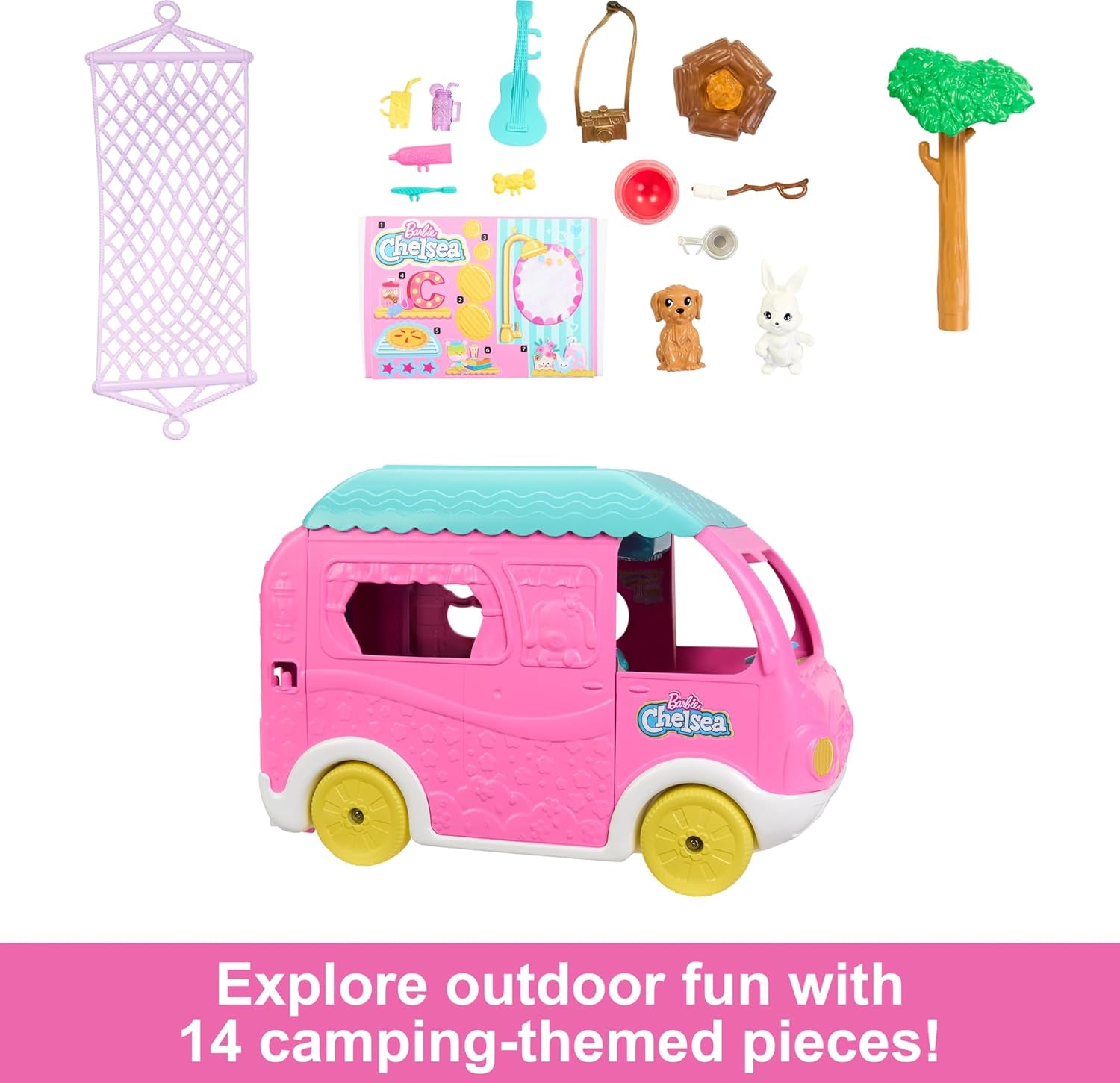 Barbie Chelsea 2-in-1-Camper - Spielzeugfahrzeug mit Pool, Hängematte und Essbereich, für fantasievolles Spielen und Geschichtenerzählen, ab 3 Jahren, HNH90