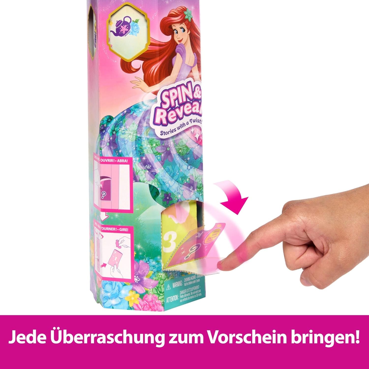 Set de păpușă la modă Mattel Disney Princess Ariel, Spin & Reveal, cu 11 surprize, inclusiv 5 accesorii, 5 stickere și o scenă de joacă, inspirată de filmul HTV88