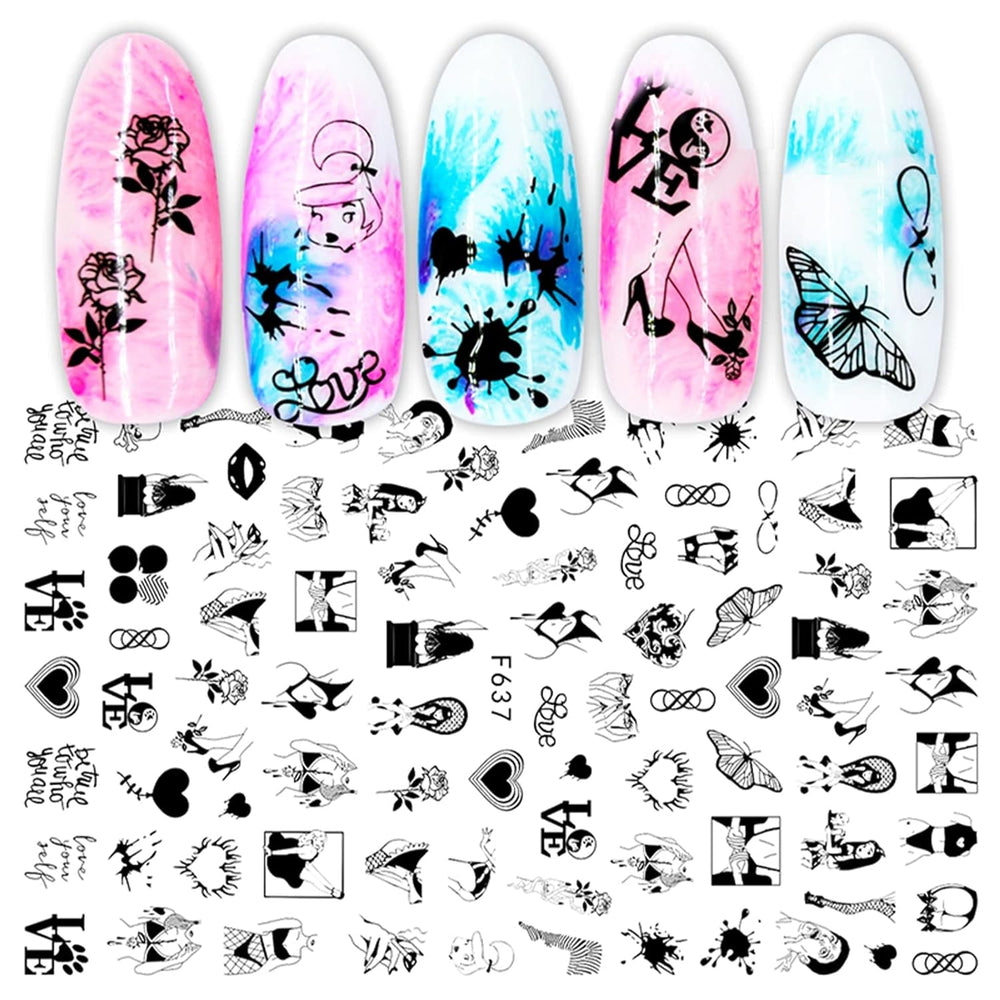 JMEOWIO Nagelsticker Geometrie 10 Blatt Nagelaufkleber Selbstklebend Schwarzes Herz Unregelmäßig Geformt Nail Art Sticker Dekoration Nageldesign Zubehör