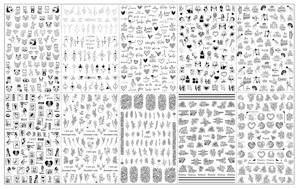 JMEOWIO Nagelsticker Geometrie 10 Blatt Nagelaufkleber Selbstklebend Schwarzes Herz Unregelmäßig Geformt Nail Art Sticker Dekoration Nageldesign Zubehör
