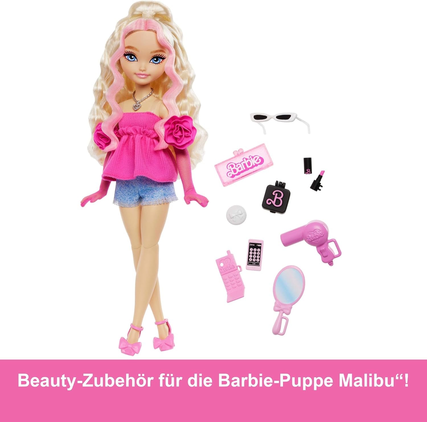 Barbie Dream Besties Puppe und Accessoires, bewegliche Barbie Malibu“ Modepuppe mit welligem blonden Haar, 11 Teile zum Thema Make-up und Haare, HYC21