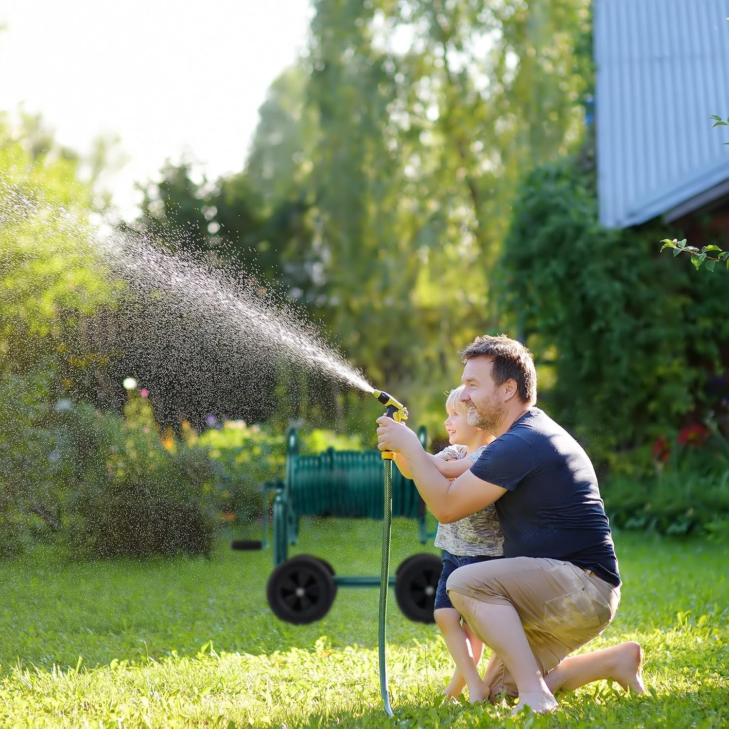 Cărucior furtun Relaxdays, până la 60 m, 4 anvelope din cauciuc solid, cuplaj clic, rolă metalică pentru furtun, distribuitor furtun, verde