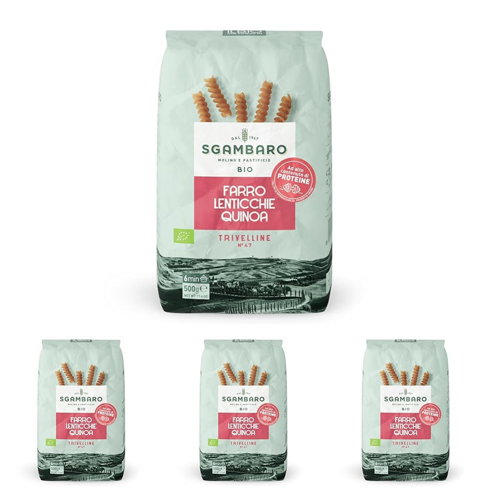 Paste organice Trivelline N.47 - 500g cu făină de spelta, făină de linte și făină de quinoa – Bogate în proteine, sursă de fibre și proteine