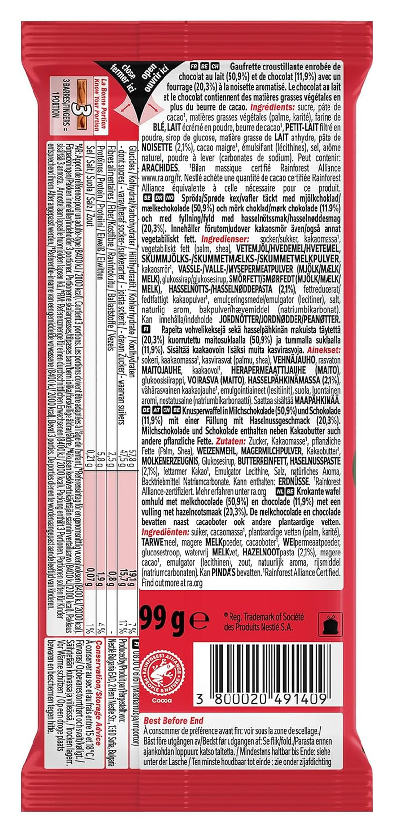Nestlé Hazelnut Bar, napolitană crocantă cu umplutură cremoasă de alune și acoperită cu ciocolată marmorată, pachet de 2 (1 x 99g)