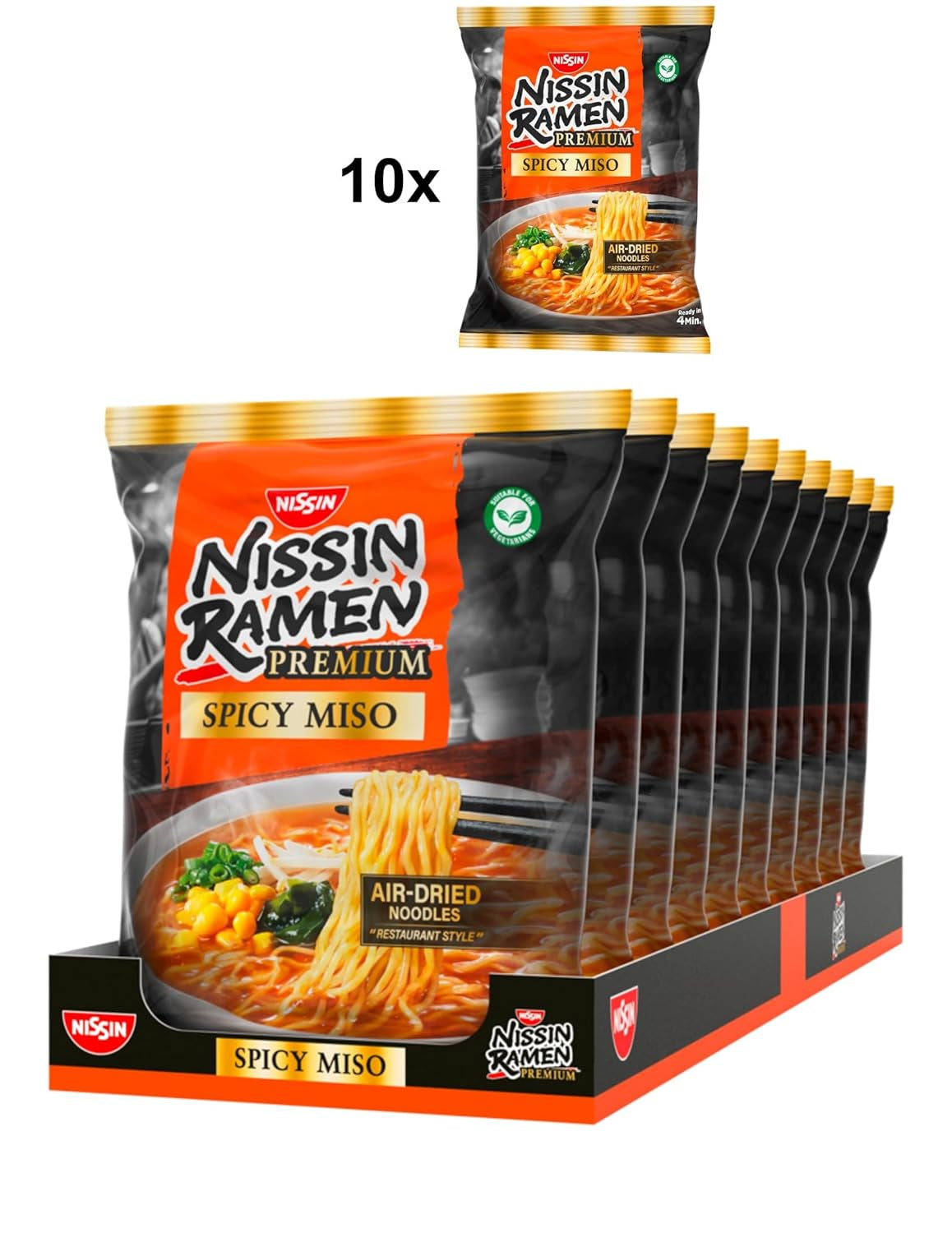 Nissin Ramen Premium - Miso Picant, pachet de 10 tăiței instant în stil japonez, uscați la aer, pentru ramen „în stil restaurant”, cu o aromă ușor picantă de miso și fulgi de wakame (10 x 90,7 g)