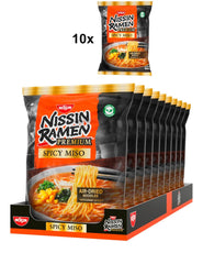 Nissin Ramen Premium - Miso Picant, pachet de 10 tăiței instant în stil japonez, uscați la aer, pentru ramen „în stil restaurant”, cu o aromă ușor picantă de miso și fulgi de wakame (10 x 90,7 g)
