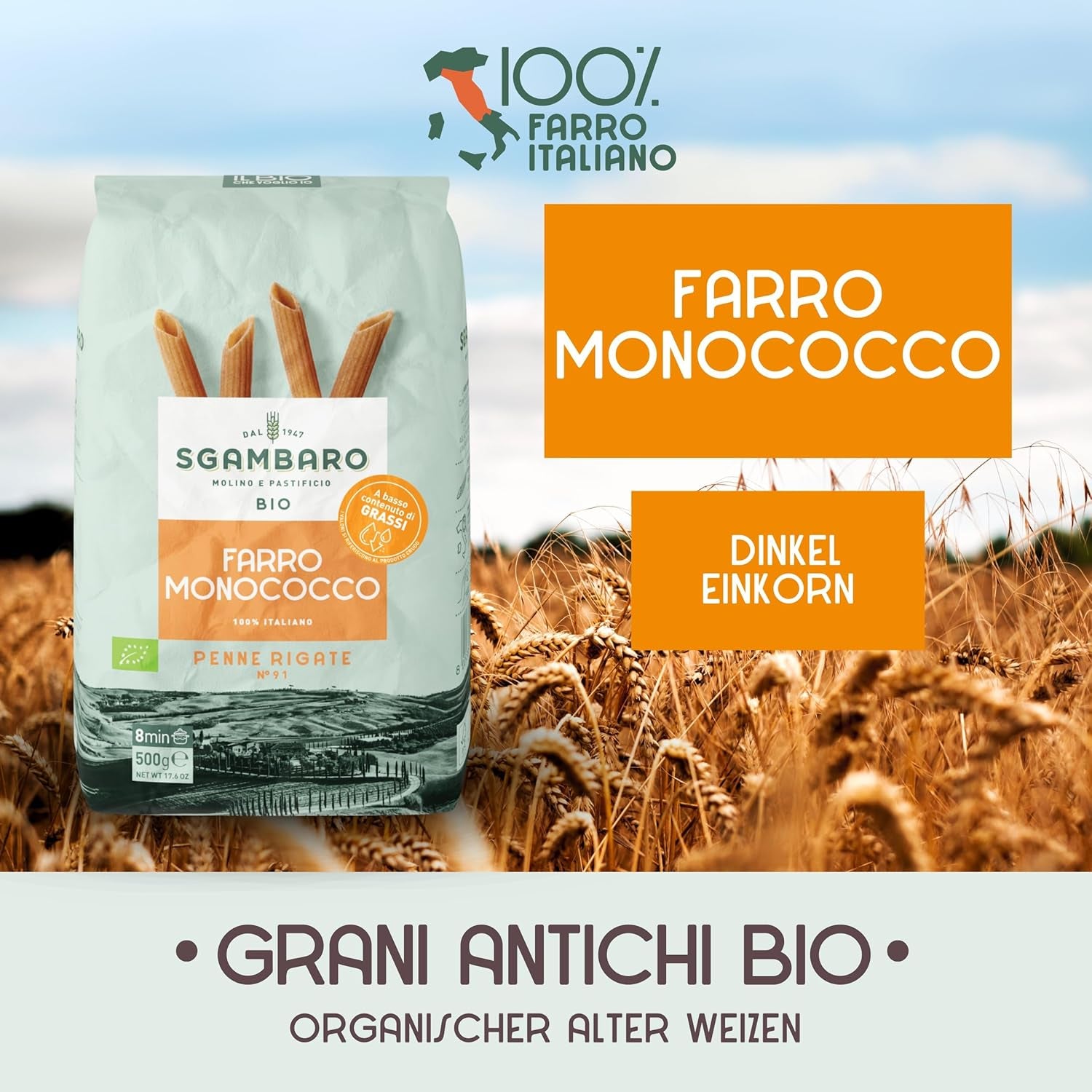 Paste Penne Rigate Organice N.91 - 500g Paste din grâu alac – Conținut scăzut de grăsimi – Sursă de fibre și proteine