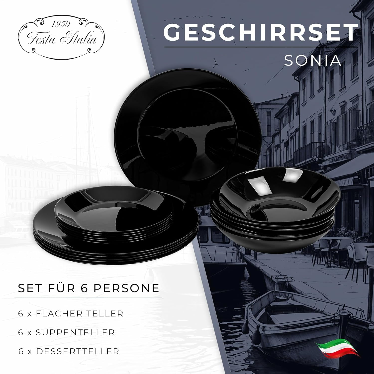 Set de veselă pentru 6 persoane - 18 piese - Set de farfurii din sticlă opal - Set de veselă neagră - Set de bol și farfurie - Veselă modernă - Farfurii - Serviciu de masă - Set de veselă pentru 6 persoane