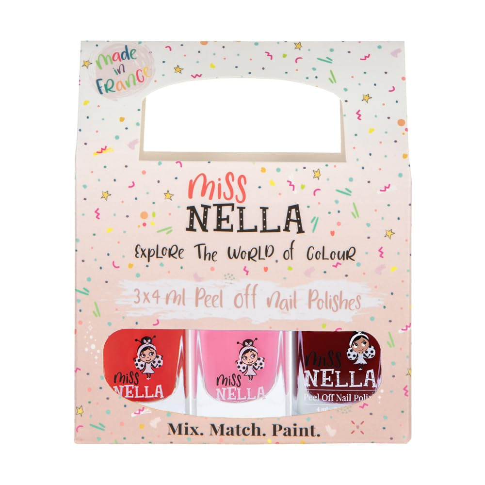 Set de ojă cu sclipici Miss Nella Magic Collection, 4 piese: roz, roșu, auriu și albastru, ojă detașabilă specială pentru copii, non-toxică, pe bază de apă și inodoră