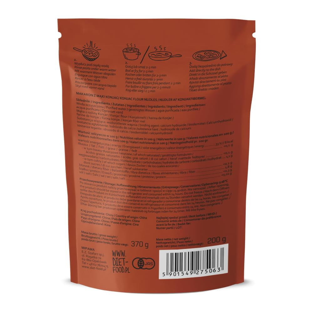 Tăiței Shirataki DIET-FOOD Tăiței Konjac cu conținut scăzut de carbohidrați, conținut scăzut de calorii, alimente vegane, fără grăsimi, fără soia, fără gluten, tăiței dietetici solubili în apă, conținut scăzut de calorii, 200 de grame