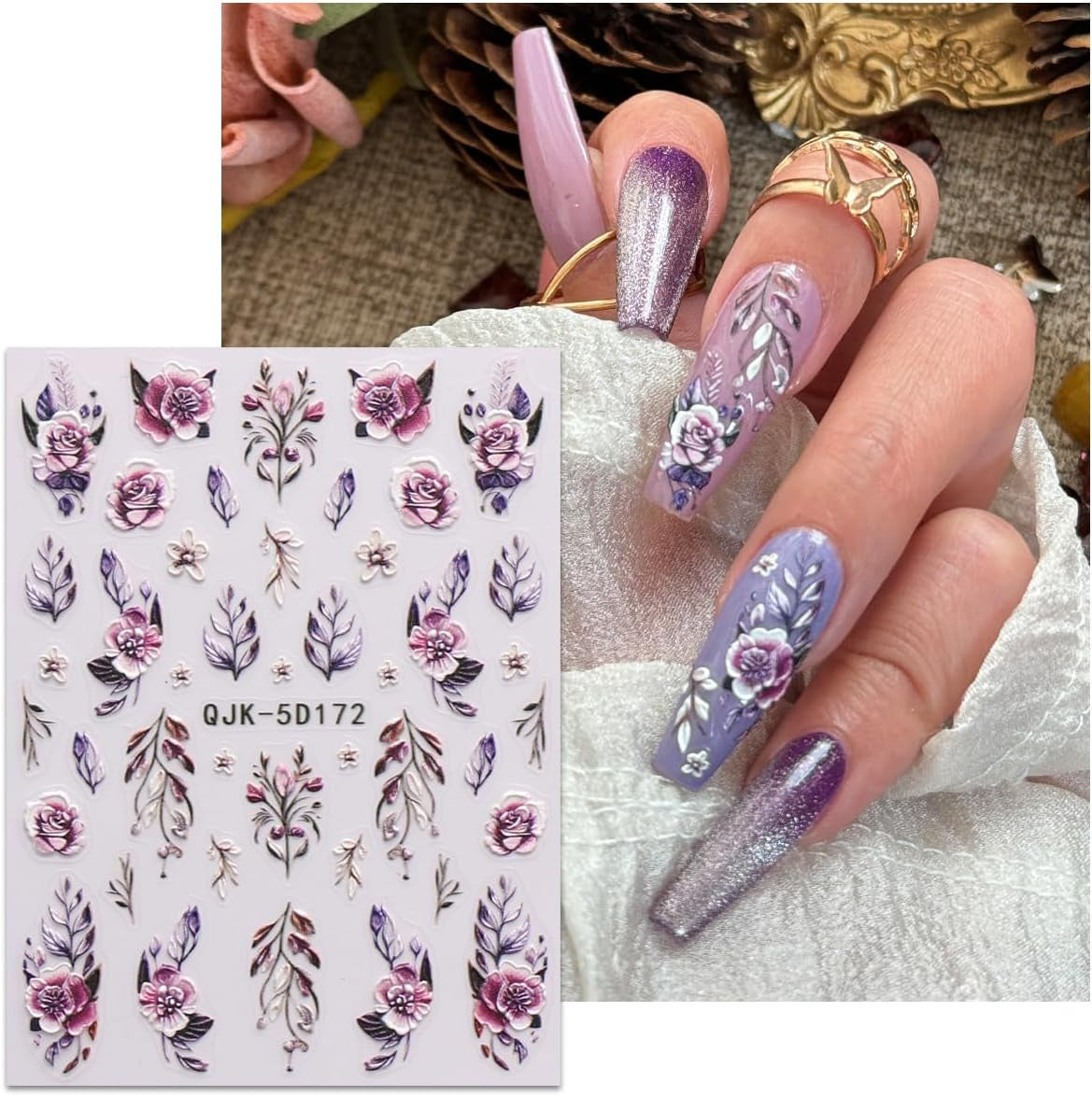 JMEOWIO 3D Nagelsticker Blumen Nail Art Sticker Selbstklebend Nagelaufkleber 5D Stereoskopisch Frühling Sommer Dekoration Nageldesign Zubehör 4 Blatt