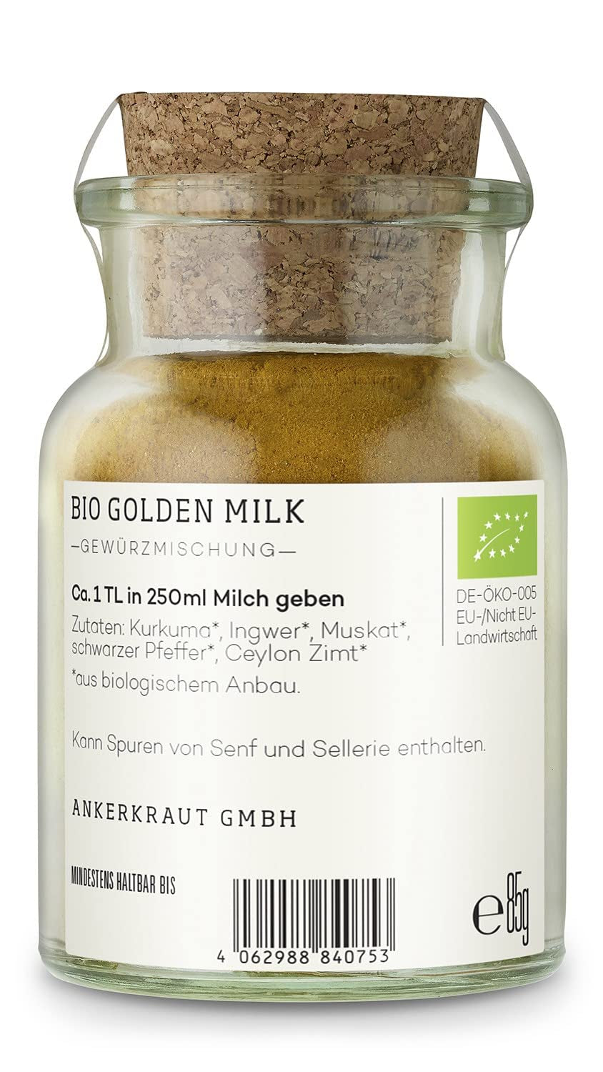 Ankerkraut Bio Golden Milk, Gewürz für goldene Milch, mit Kurkuma, Zimt und Ingwer, 75 g im Korkenglas