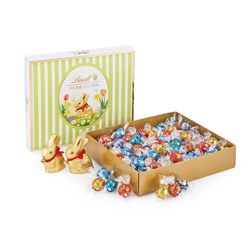 Pachet Variat de Paște Lindt Chocolate LINDOR | 1,2 kg | 2 Ciocolate cu Lapte GOLD BUNNY și 8 Varietăți LINDOR: Ciocolată cu Lapte, Noisette, Neagră, Albă, Neagră 60%, Caramel, Caramel Sărat, Stracciatella | Ciocolată de Paște | Iepurașul de Paște