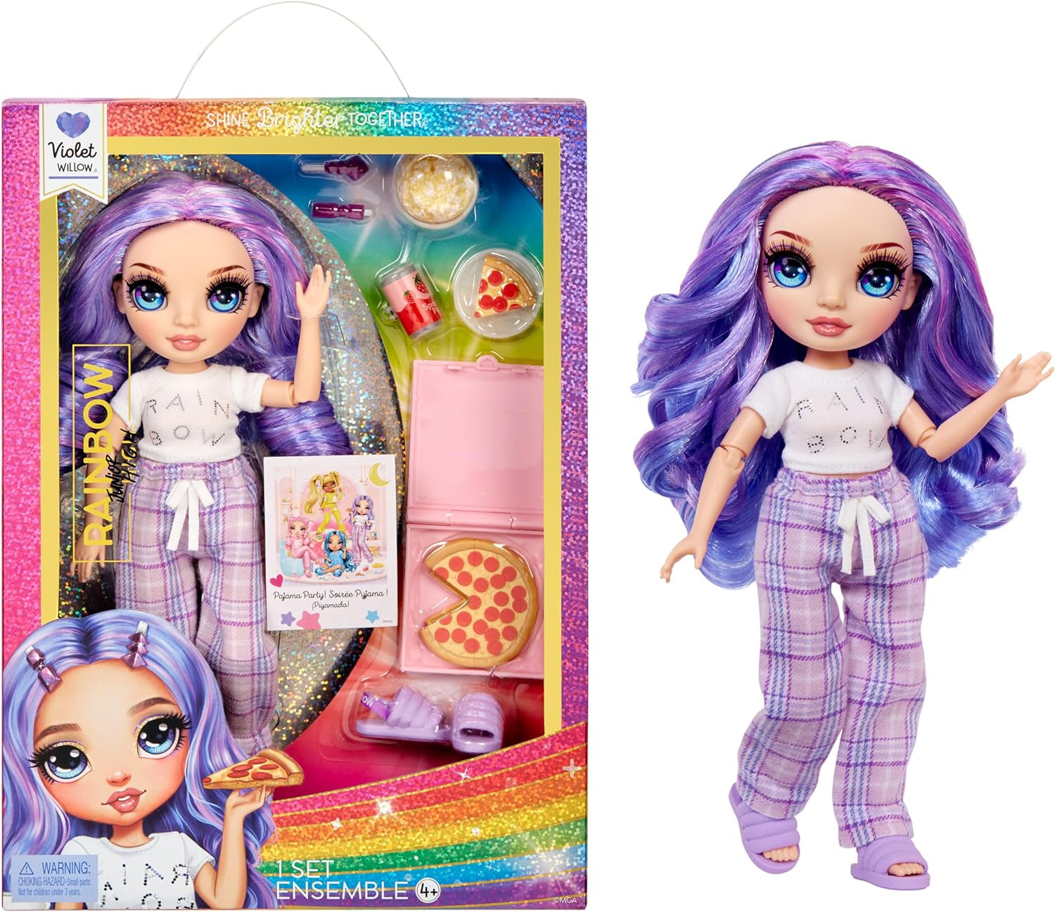 Rainbow High Junior High PJ Party - Sunny (galben) - păpușă de 22 cm cu salopetă moale, papuci și accesorii de joacă - jucărie pentru copii - ideală pentru 4-12 ani Papusi Naty Shop Violet