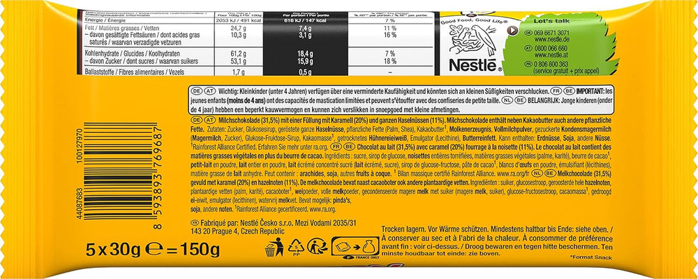 Nestlé, Batoane de ciocolată cu alune de pădure cu umplutură de caramel, alune de pădure întregi și cremă delicioasă de bomboane, acoperite cu ciocolată cu lapte, pachet de 4 (5x30g)