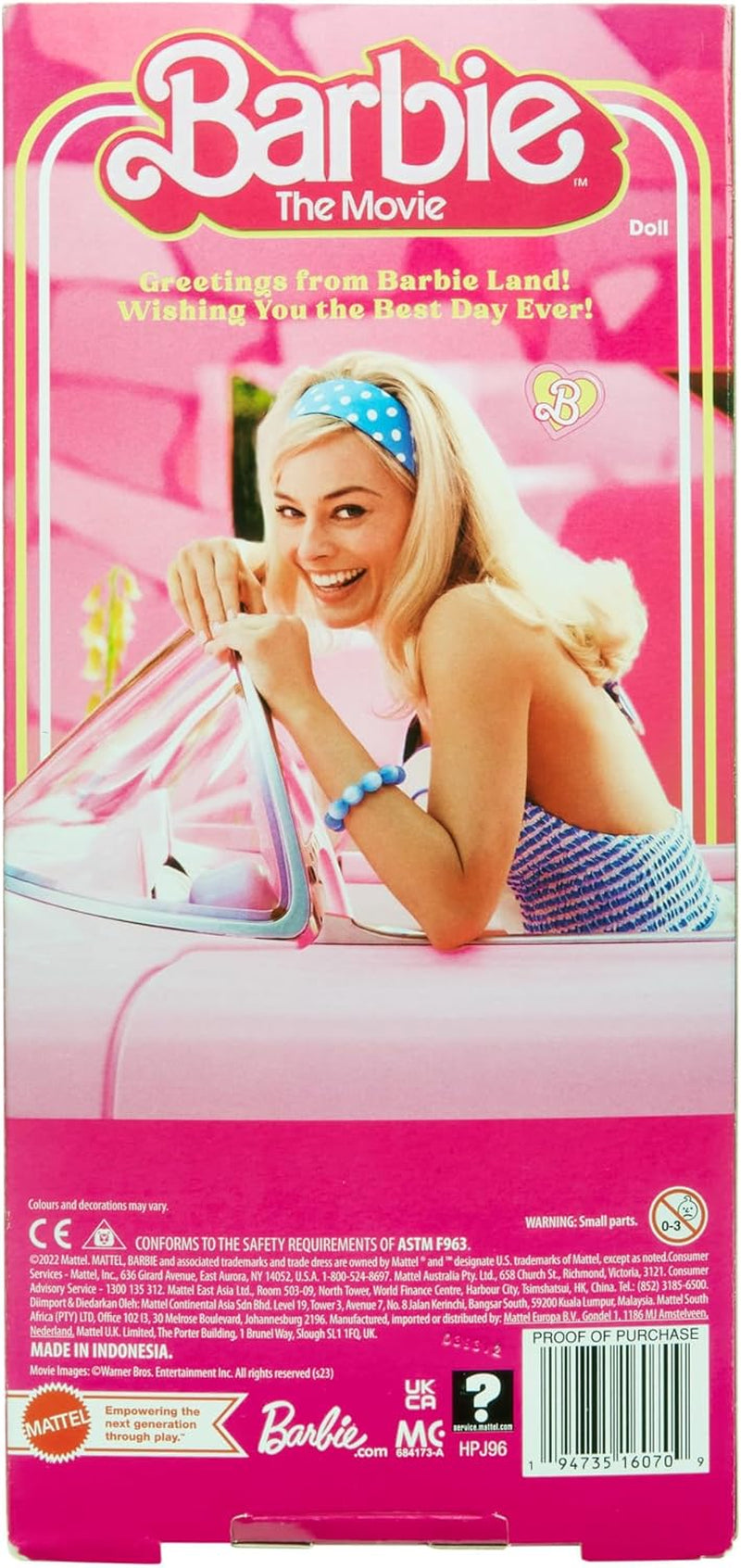 Barbie Puppe, The Movie doll, in rosa weissem Kleid und Gänseblümchen Halskette, Margot Robbie, Sammlerstück, Spielzeug ab 3 Jahre, HPJ96
