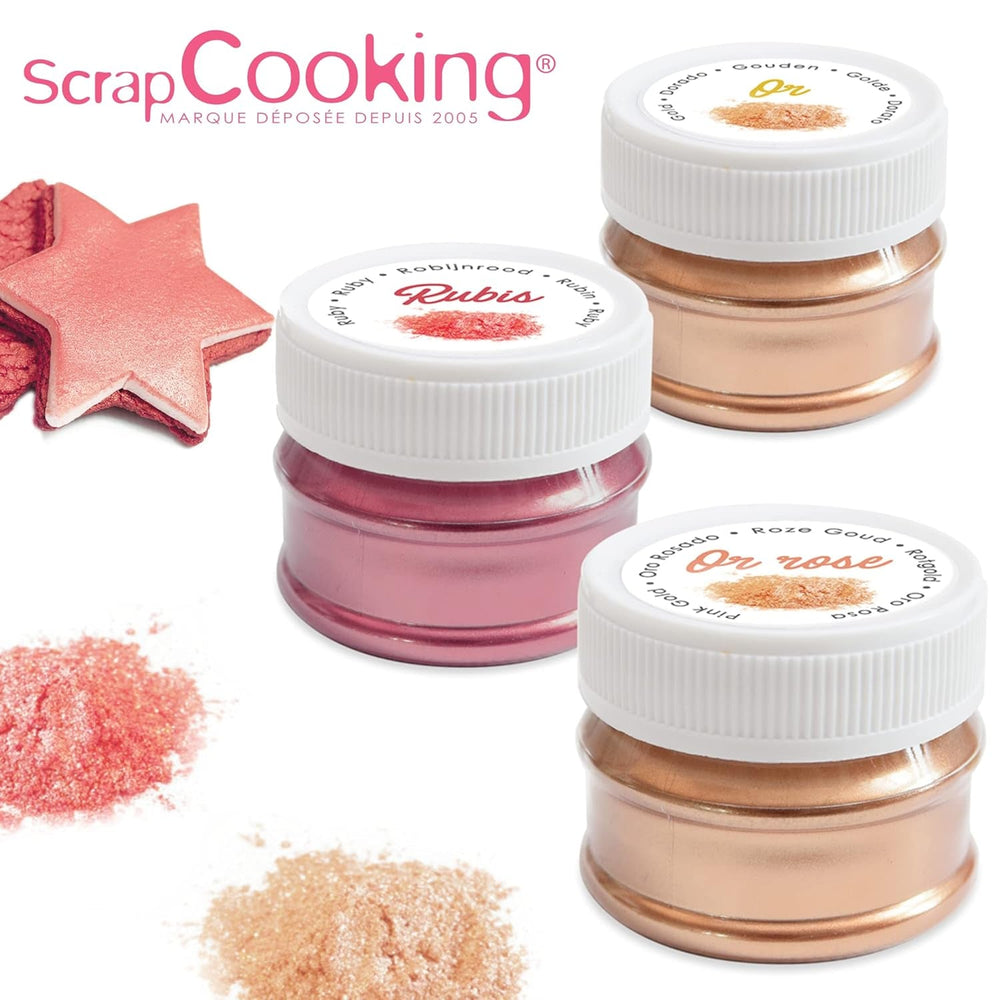 Scrapcooking - Set de 3 coloranți alimentari metalici - Colorant alimentar: auriu, auriu roz și rubin - Colorant alimentar comestibil pentru copt, prăjituri, fursecuri, torturi, ciocolată - 4019