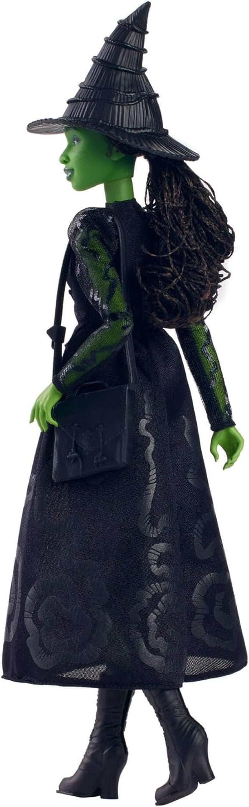​Mattel Wicked Elphaba-Modepuppe und Accessoires mit grüner Haut, geflochtenen schwarzen Haaren, verschiedene Posen möglich und ausziehbarer Ballkleid-Look, HXT62, [Mehrfarbig]