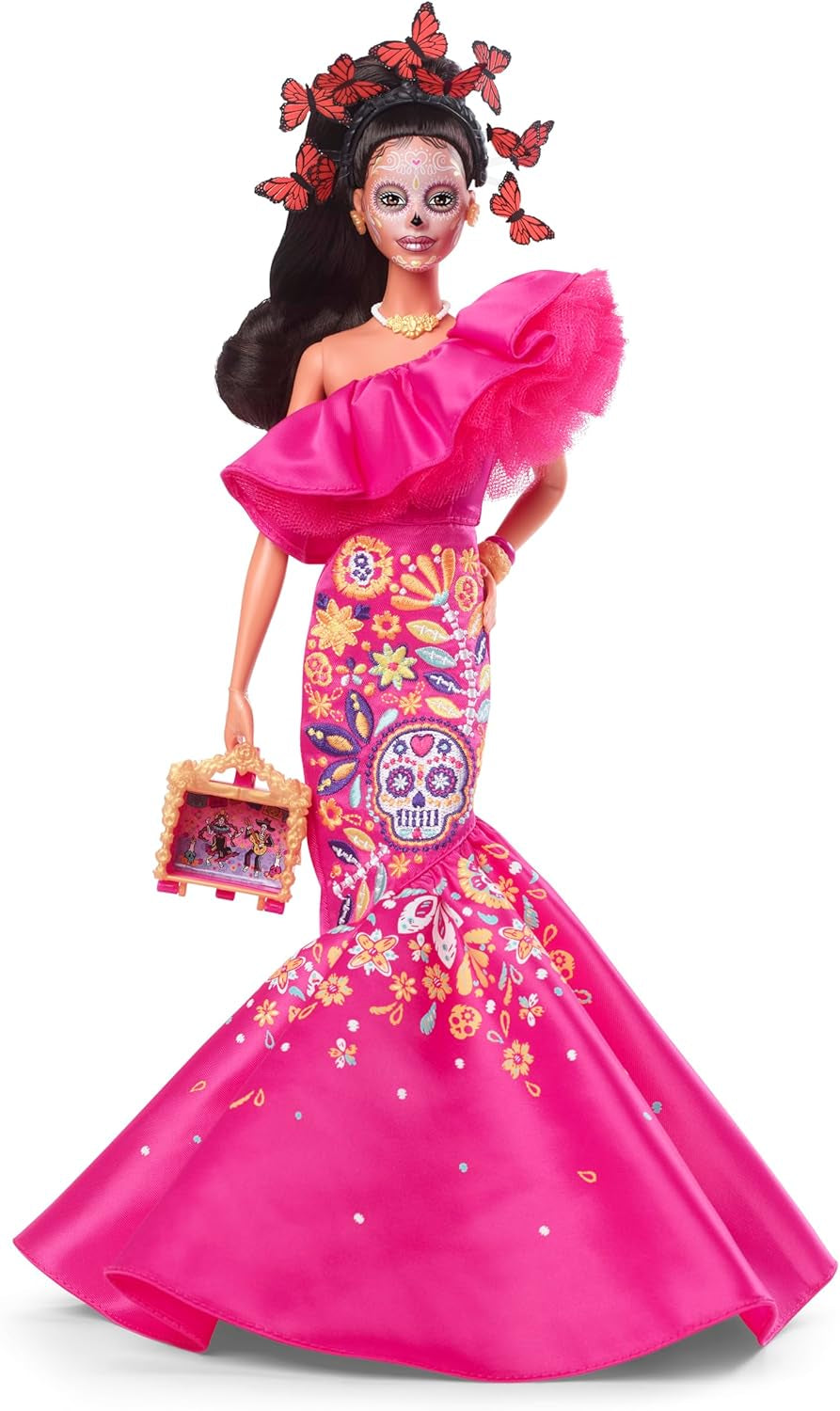 Păpușă Barbie Ziua Morților - Ediție limitată cu rochie tradițională și bijuterii, inclusiv suport și certificat de colecție, pentru colecționari și fani cu vârsta de 6 ani și peste, HJX14