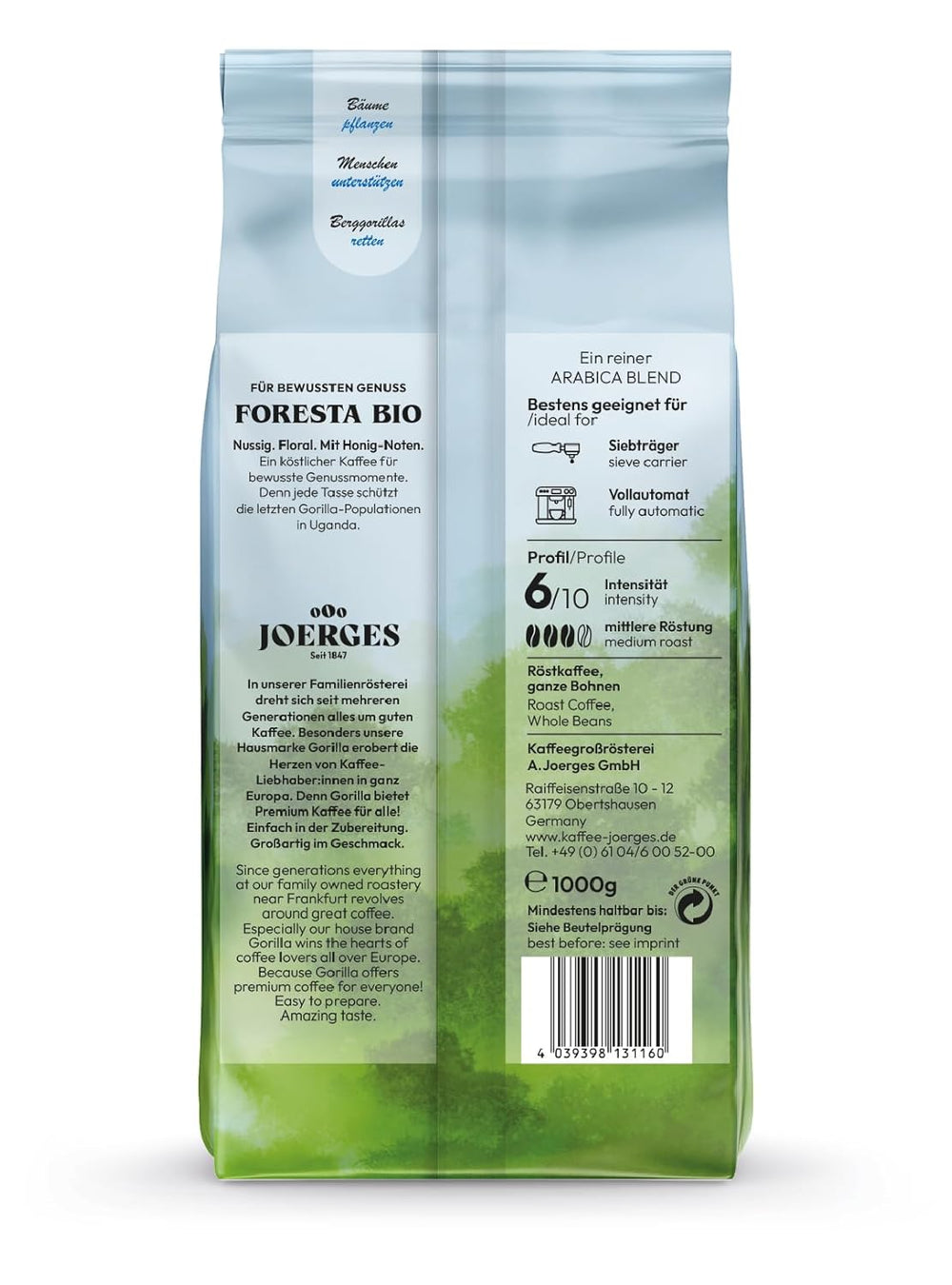 Cafea Joerges Foresta 1000g boabe întregi prăjite | Amestec Arabica de calitate | Pentru aparate de cafea portafilter și complet automate | Espresso