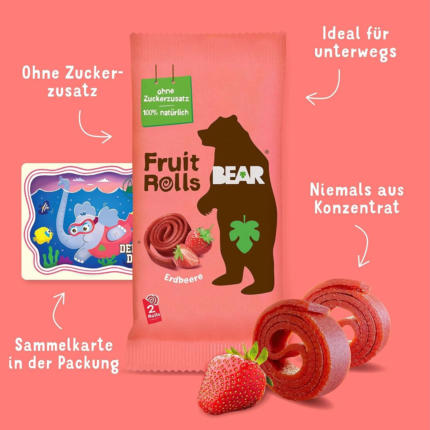 Rulouri de fructe BEAR cu căpșuni, 100% ingrediente naturale, 30 x 20 grame Produse deshidratate Naty Shop