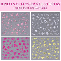 8 Stück Hibiskus Nagelsticker, 3D Selbstklebende Blumen Nagelaufkleber, Weiß Rosa Gelb Magenta Sommer Neonail Sticker, Nail Art Zubehör Nagel Deko Für Frauen