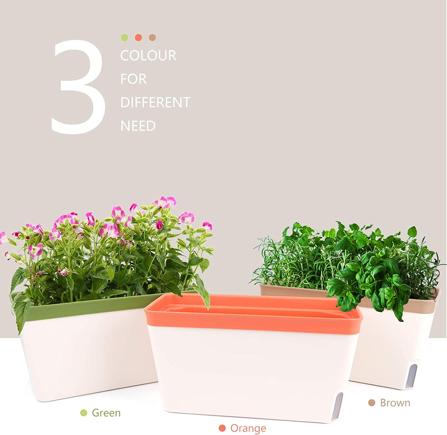 Ghiveci de flori cu auto-udare, set de 3, ghivece dreptunghiulare de 27 cm, ghivece pentru plante aromatice, cutii pentru pervaz cu rezervor de apă, ghivece moderne din plastic pentru interior și exterior, grădină, birou