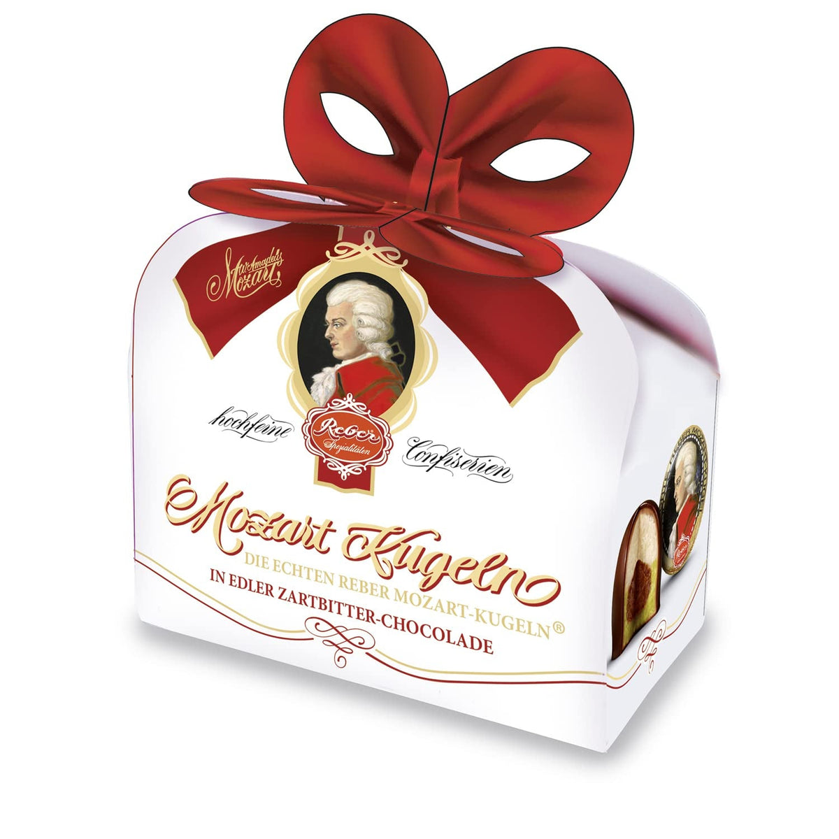 Reber, Duet Mozart-Kugeln, pachet de 2, bile Mozart din ciocolată neagră umplute cu fistic și marțipan, migdale și nuga cu alune, 40g (2 bile Mozart)