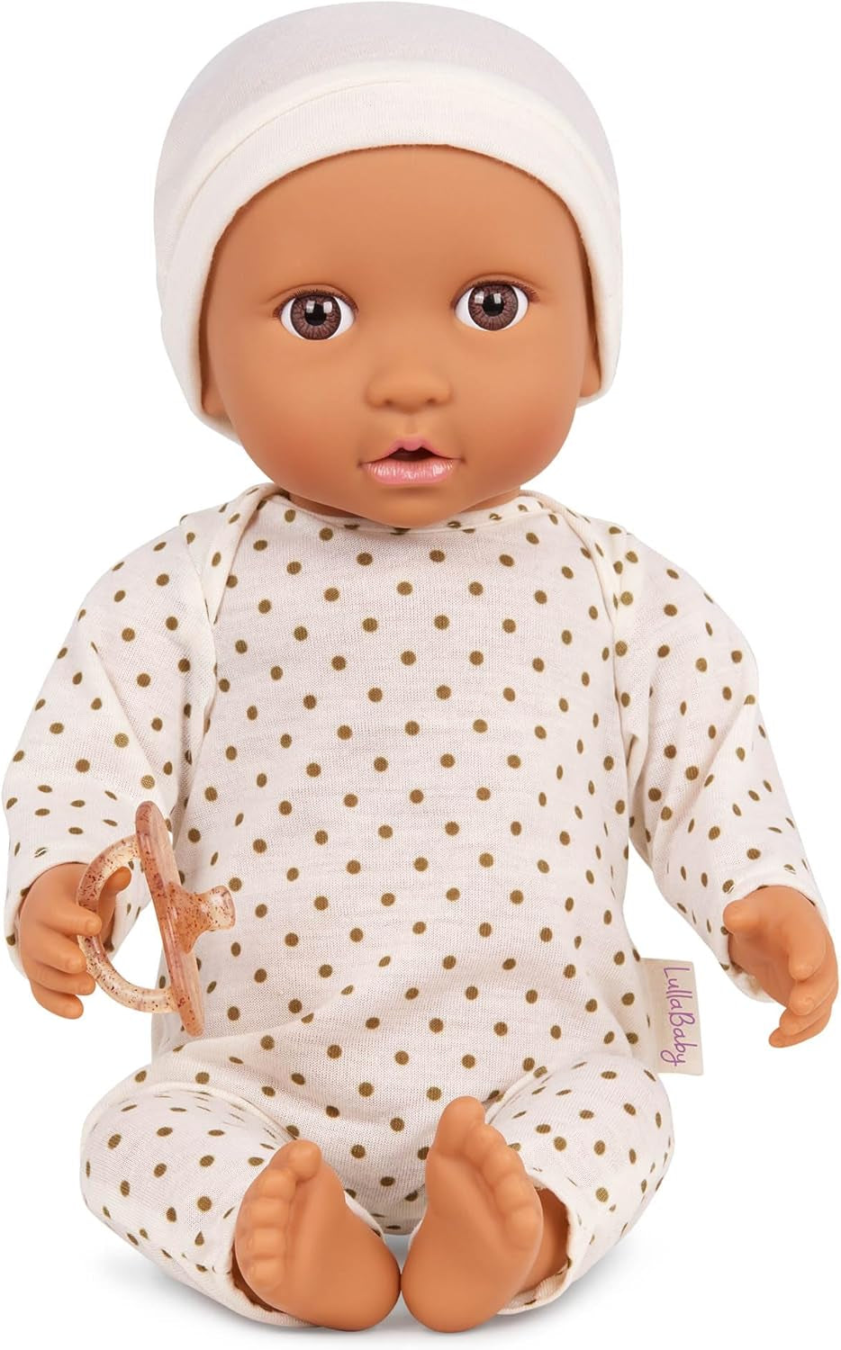 LullaBaby - Baby Puppe - Einteiler & Mütze - 36 cm Realistische Baby-Puppe - Haselnussbraune Augen & weicher Körper - Strampler & Schnuller-Zubehör - Pretend Play Spielzeug - Kinder 2 Jahre +