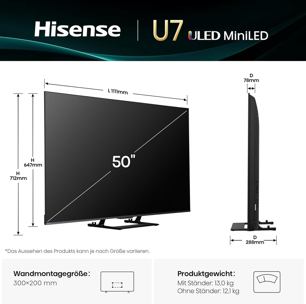 Televizor Hisense 50U7Q de 50 de inci, mini LED ULED 4K, Smart TV, motor Hi-View AI, mod de joc Pro la 144Hz, FreeSync Premium, subwoofer încorporat, Dolby Vision IQ Atmos, AirPlay, control vocal [2025]