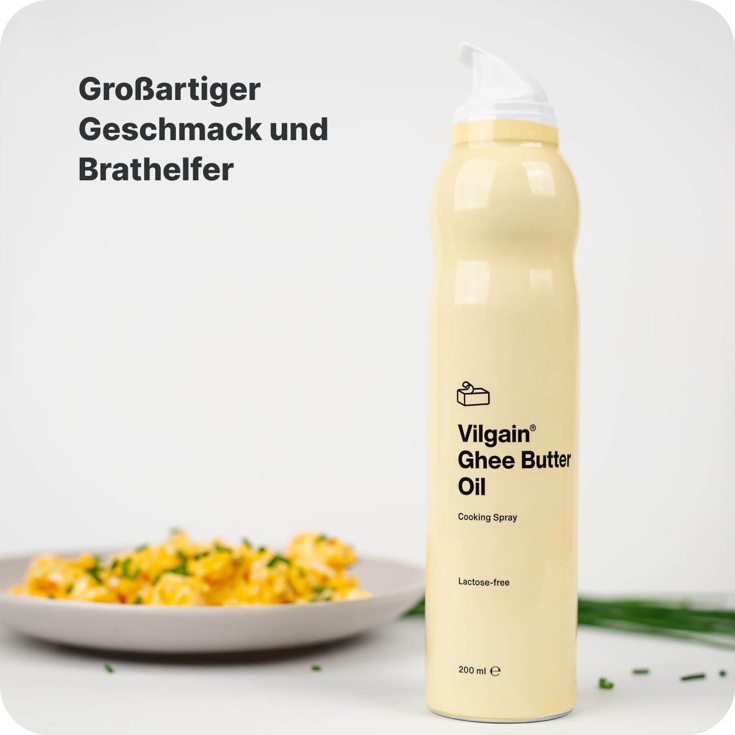 Vilgain Ghee Spray mit Avocadoöl | Laktosefrei, zum Kochen & Backen | Rauchpunkt 195°C, herzgesund, BRC-zertifiziert | Ideal für laktoseempfindliche Menschen | Geschmacks-Harmonie, 200ml