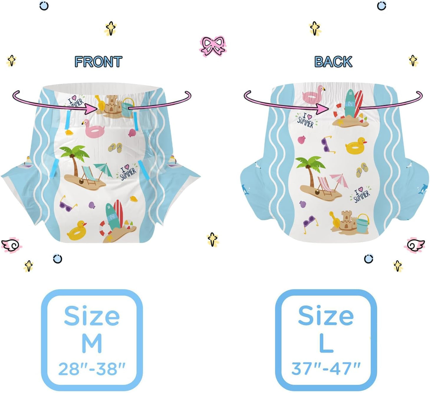 Scutece pentru adulți CutiePlusU, 10 bucăți, scutece de unică folosință cu tablă pentru femei și bărbați, absorbție maximă peste noapte - I Love Summer (Mărime medie 71-96 cm)
