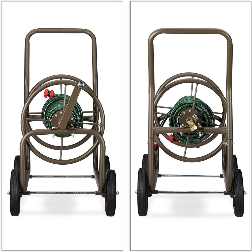 Cărucior furtun Relaxdays XL, rolă mobilă pentru furtun, metal, pentru furtun de 60 m, 4 roți, cu manivelă, derulare la 90°, maro