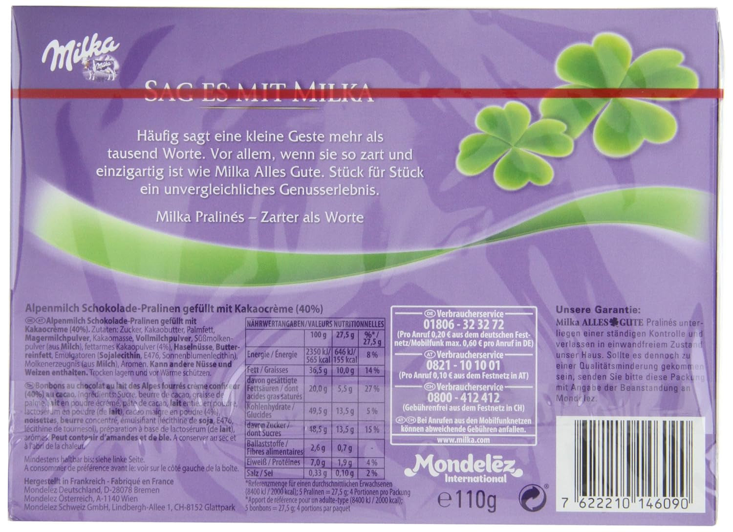 Praline Milka All the Best 10 x 110g, Praline fine din ciocolată cu lapte alpină cu umplutură de cremă de cacao (pachet de 2)