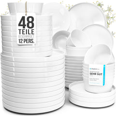 Set de veselă din porțelan pentru 12 persoane, Crystal 48 de piese, CÂȘTIGĂTOR AL TESTULUI, Set de veselă din porțelan transparent, set de boluri și farfurii, serviciu de cină pentru 12 persoane, Seturi de veselă Pure Living în alb