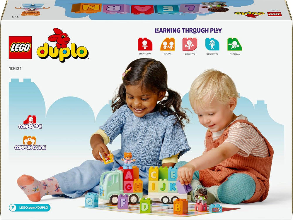 LEGO DUPLO Town ABC-Lastwagen, Lernspielzeug für Kleinkinder ab 2 Jahren, ABC-LKW-Spielzeug mit Anhänger und Buchstaben-Steinen, plus Figuren eines Jungen und eines Mädchens, Geschenk für Kinder 10421