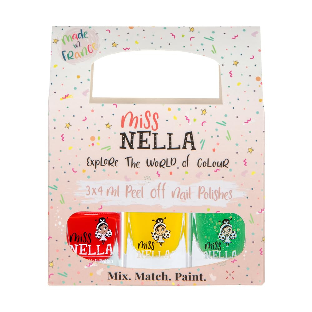 Set de ojă cu sclipici Miss Nella Magic Collection, 4 piese: roz, roșu, auriu și albastru, ojă detașabilă specială pentru copii, non-toxică, pe bază de apă și inodoră